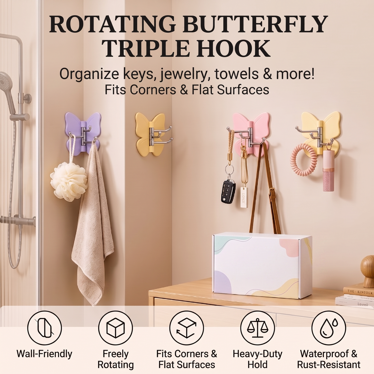 🦋 Avermixon® Rotating Butterfly Triple Hook—Adjustable for Flat Walls & Corners