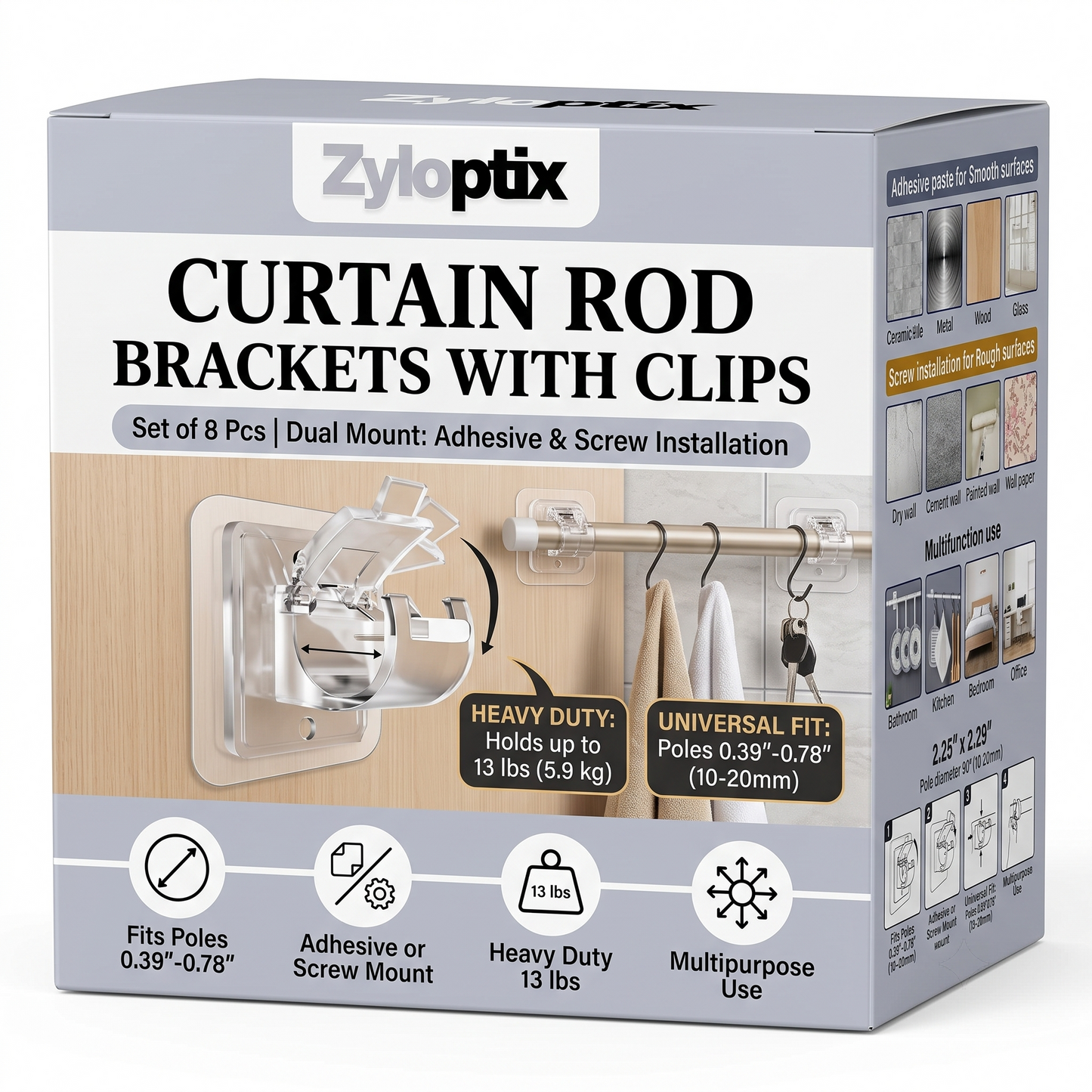 Zyloptix® Curtain Rod Brackets with Clips – Transparent Drapery Hooks