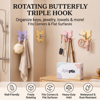 🦋 Zyloptix® Rotating Butterfly Triple Hook—Adjustable for Flat Walls & Corners