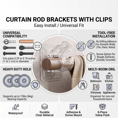 Avermixon® Curtain Rod Brackets with Clips – Transparent Drapery Hooks
