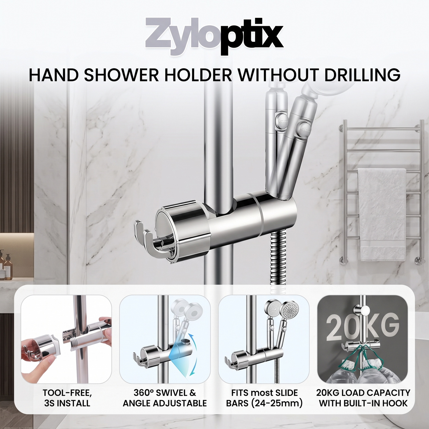 Zyloptix® Hand Shower Holder Without Drilling