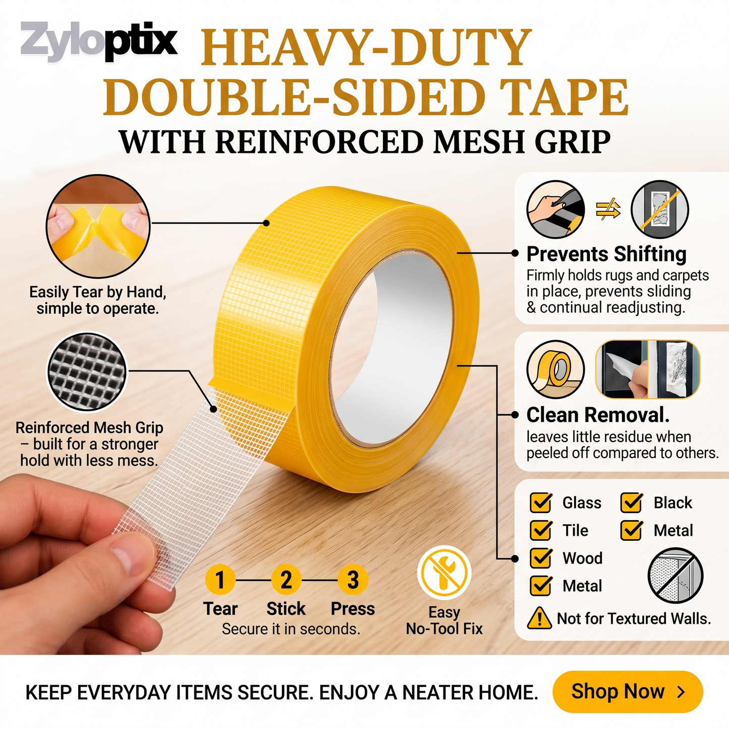 Zyloptix® Heavy-Duty Double-Sided Tape - Strong Adhesive Fix For Quick No-Tool Home Solutions🔧
