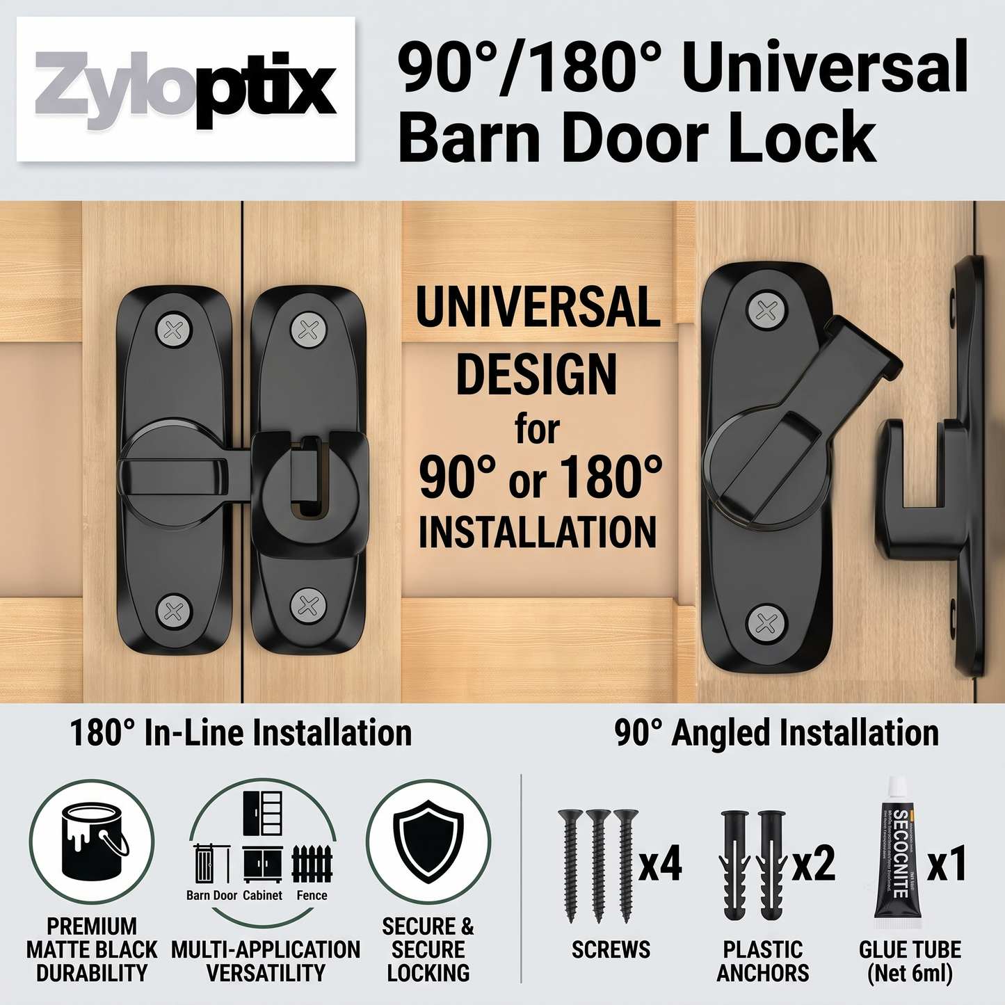 Zyloptix® 90°/180° Universal Barn Door Lock