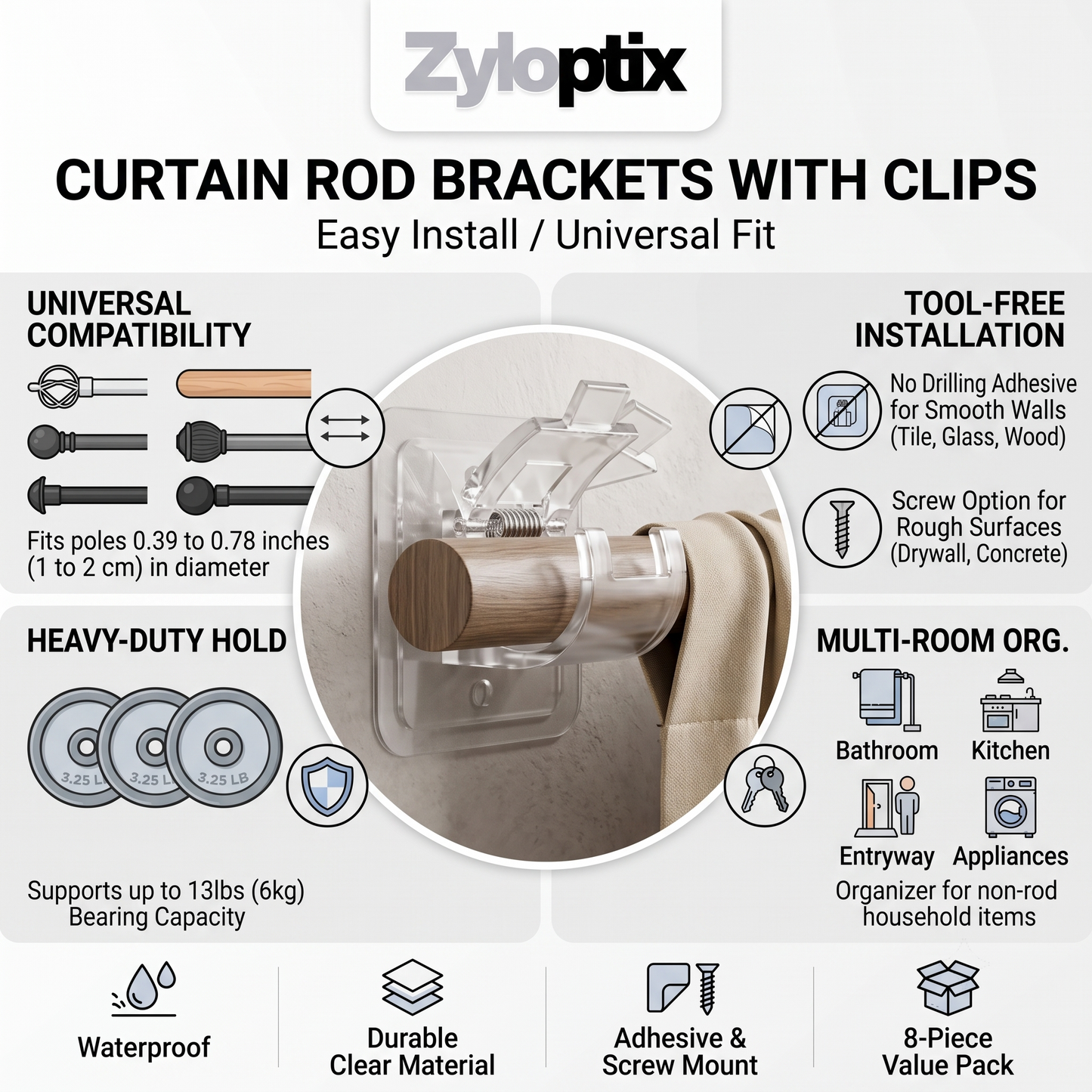 Zyloptix® Curtain Rod Brackets with Clips – Transparent Drapery Hooks