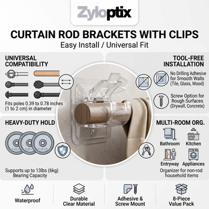 Zyloptix® Curtain Rod Brackets with Clips – Transparent Drapery Hooks