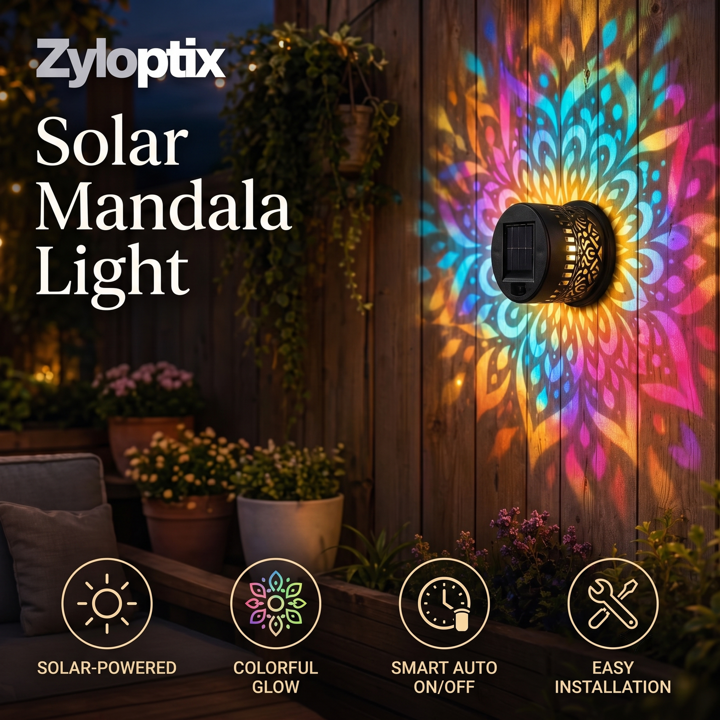 🌞 50% OFF NOW! 🌀Zyloptix® Solar Mandala Light – Stunning Pattern Projection, 2-in-1 Floor & Wall Design & IP65 Waterproof Auto On/Off 🌿