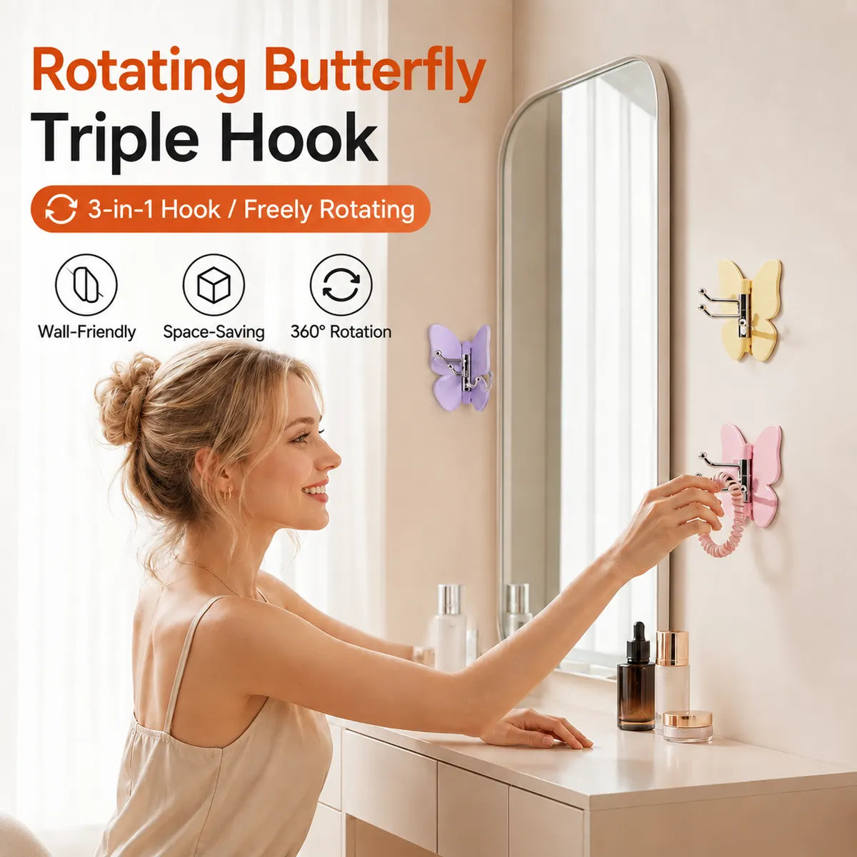 🦋 Zyloptix® Rotating Butterfly Triple Hook—Adjustable for Flat Walls & Corners