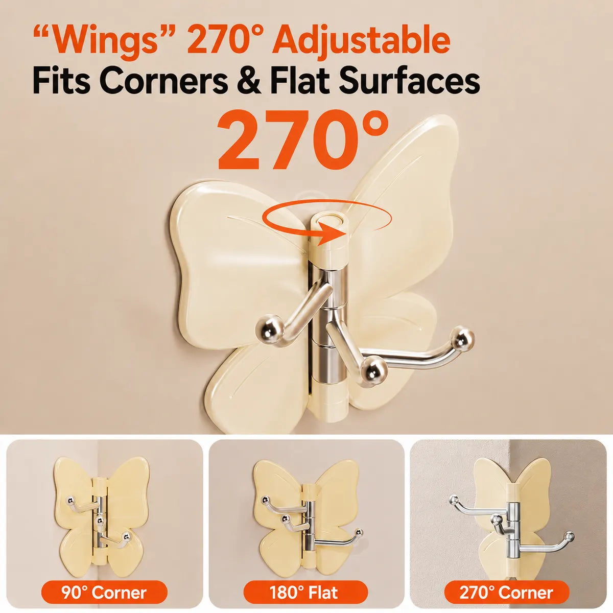 🦋 Zyloptix® Rotating Butterfly Triple Hook—Adjustable for Flat Walls & Corners